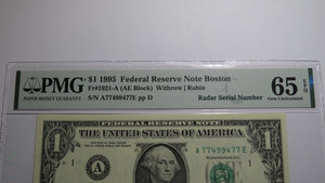 $1 1995 Radar Serial Number Federal Reserve Currency Bank Note Bill PMG UNC65EPQ