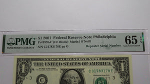 2 $1 1999 & 2001 Matching Repeater Serial Numbers Federal Reserve Bank Bills