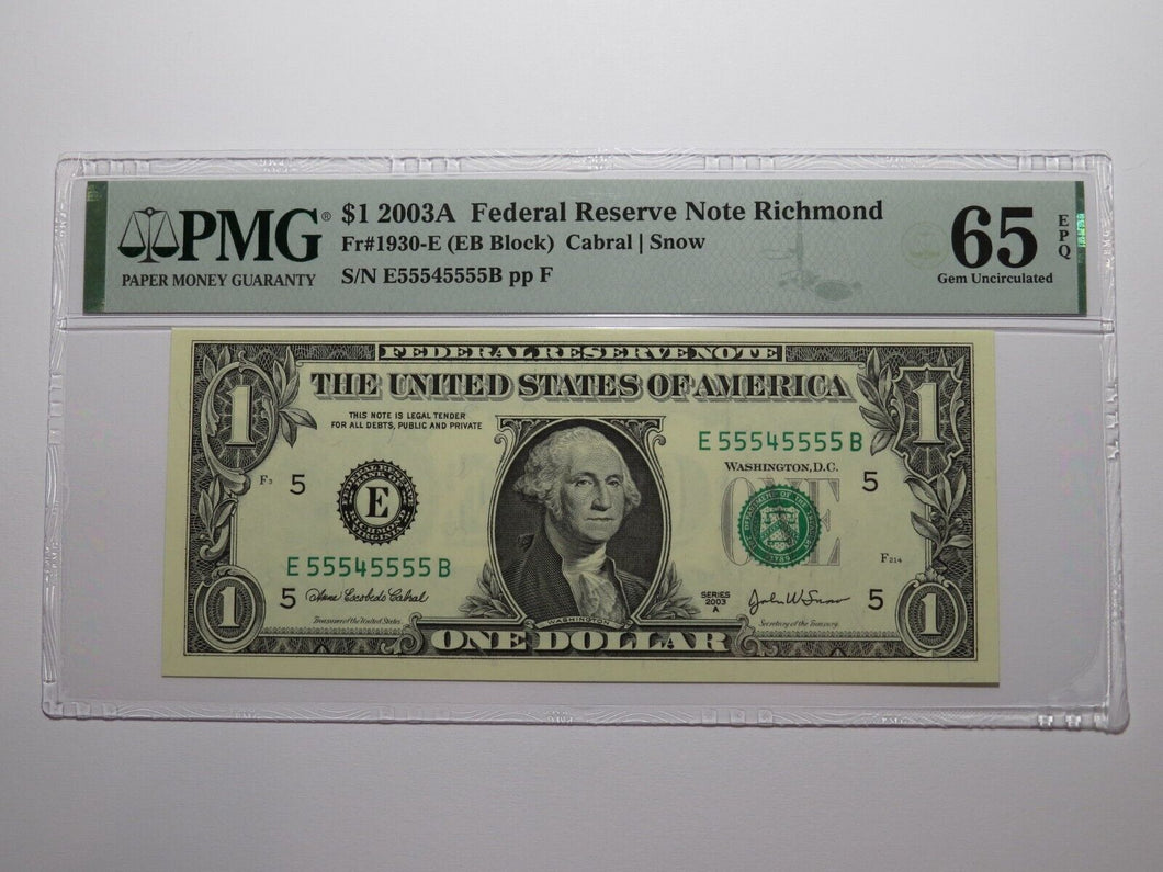 $1 2003 Near Solid Serial Number Federal Reserve Bank Note Bill UNC65 #55545555