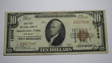 $10 1929 Highland Park New Jersey NJ National Currency Bank Note Bill #12598 VF+