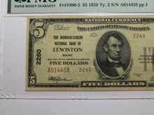 Load image into Gallery viewer, $5 1929 Lewiston Maine National Currency Bank Note Bill Charter #2260 VF30 PMG