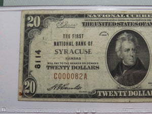 $20 1929 Syracuse Kansas KS National Currency Bank Note Bill Ch #8114 VF20 PMG