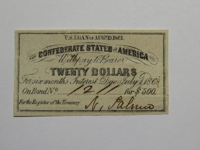 $20 1861 Confederate Bond Coupon Certificate Currency Bank Note Bill UNC