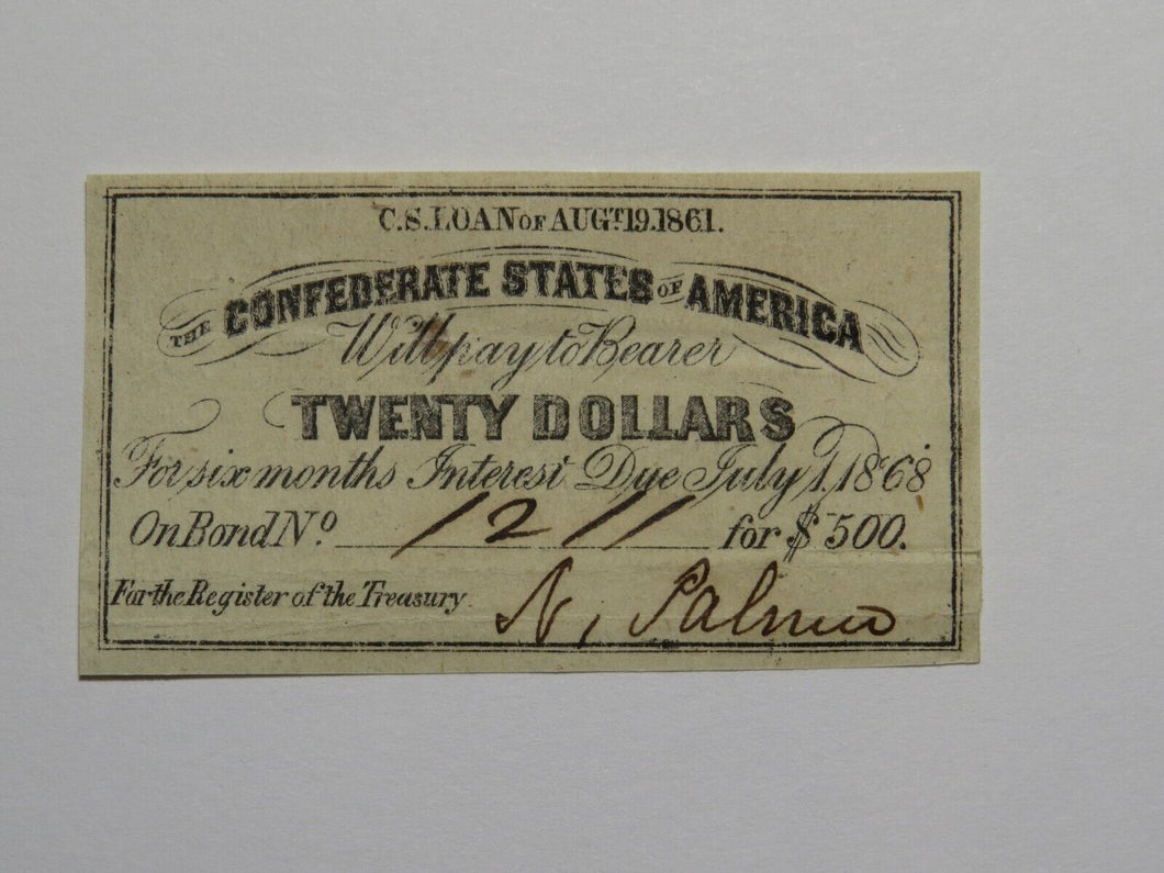 $20 1861 Confederate Bond Coupon Certificate Currency Bank Note Bill UNC