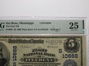 $5 1902 Itta Bena Mississippi National Currency Bank Note Bill #10688 PMG VF25