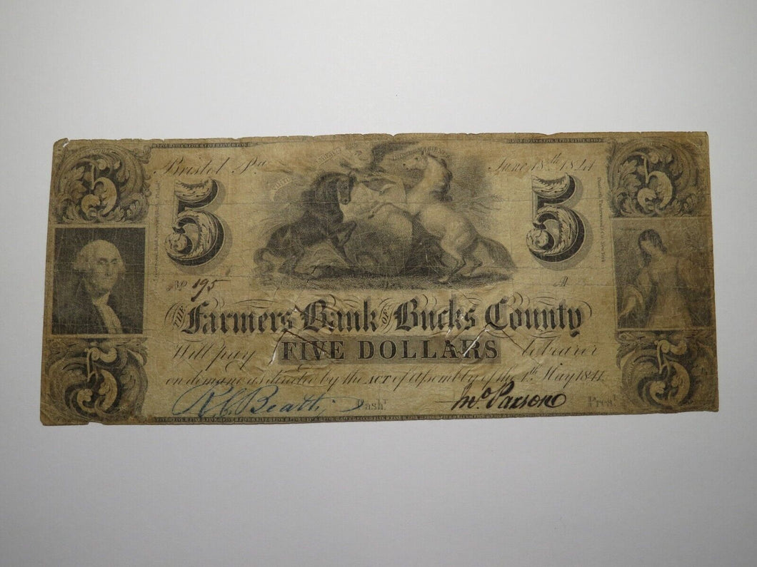 $5 1841 Bristol Pennsylvania PA Obsolete Currency Bank Note Bill Bucks County!