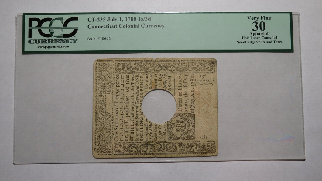 1780 1 Shilling 6 Pence Connecticut CT Colonial Currency Note Bill PCGS VF30