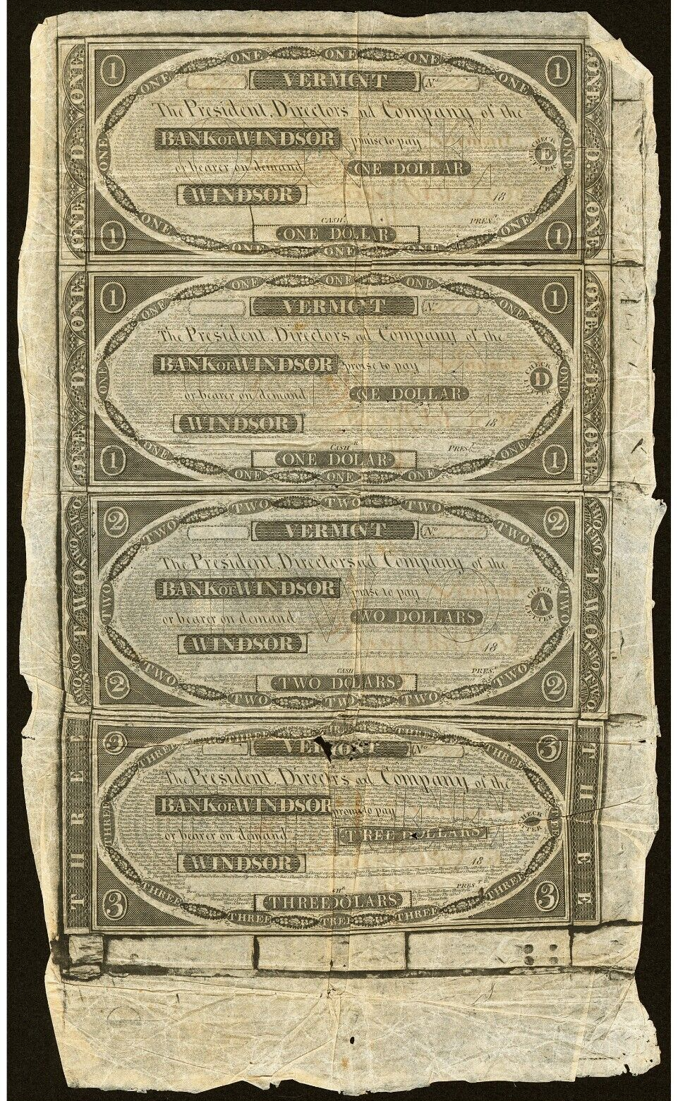 $1-$1-$2-$3 18__ Windsor Vermont VT Obsolete Currency Uncut Bank Sheet Notes