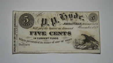 $.05 1852 Jordanville New York NY Obsolete Currency Bank Note Bill! CU+ Herkimer