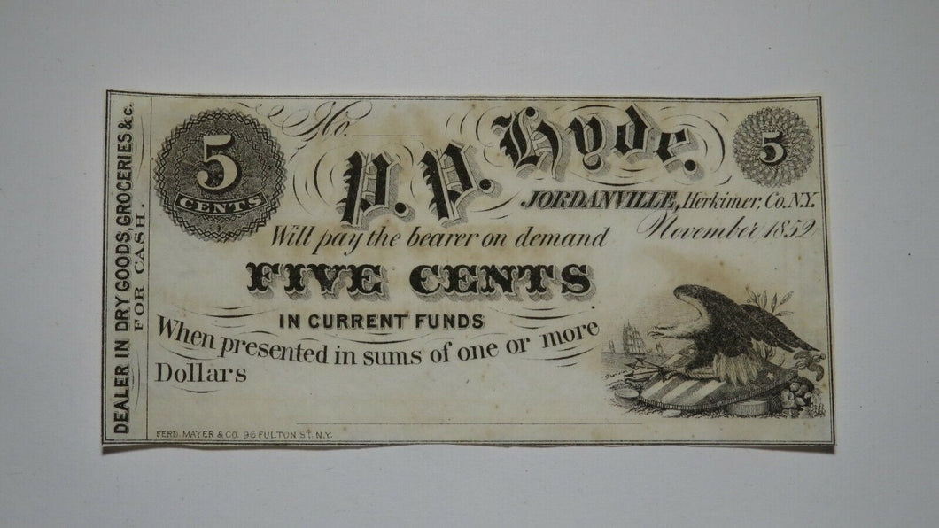 $.05 1852 Jordanville New York NY Obsolete Currency Bank Note Bill! CU+ Herkimer