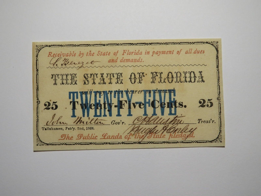 $.25 1863 Tallahassee Florida Obsolete Currency Bank Note Bill State of FL UNC++