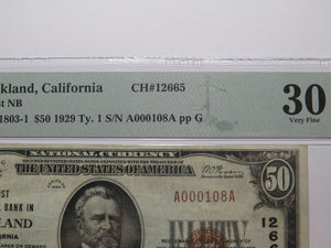 $50 1929 Oakland California National Currency Bank Note Bill Ch. #12665 VF30 PMG