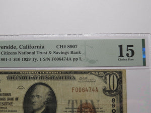 $10 1929 Riverside California National Currency Bank Note Bill Ch. #8907 F15 PMG
