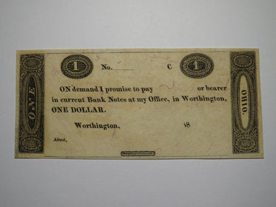 $1 18__ Worthington Ohio OH Obsolete Currency Bank Note Erza Griswold UNC++