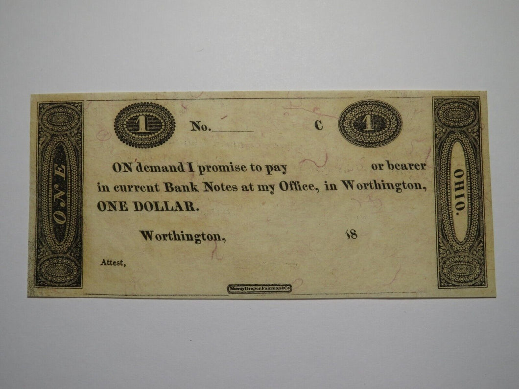$1 18__ Worthington Ohio OH Obsolete Currency Bank Note Erza Griswold UNC++