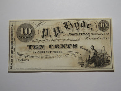 $.10 1852 Jordanville New York Obsolete Currency Bank Note Bill P.P. Hyde UNC+++