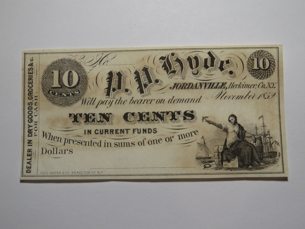 $.10 1852 Jordanville New York Obsolete Currency Bank Note Bill P.P. Hyde UNC+++
