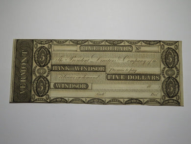 $5 18__ Windsor Vermont VT Obsolete Currency Bank Note Bill Remainder Rare UNC++