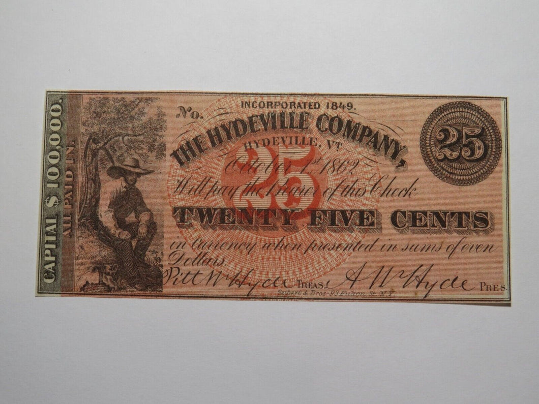 $.25 1862 Hydeville Vermont VT Obsolete Currency Bank Note Bill Remainder UNC++