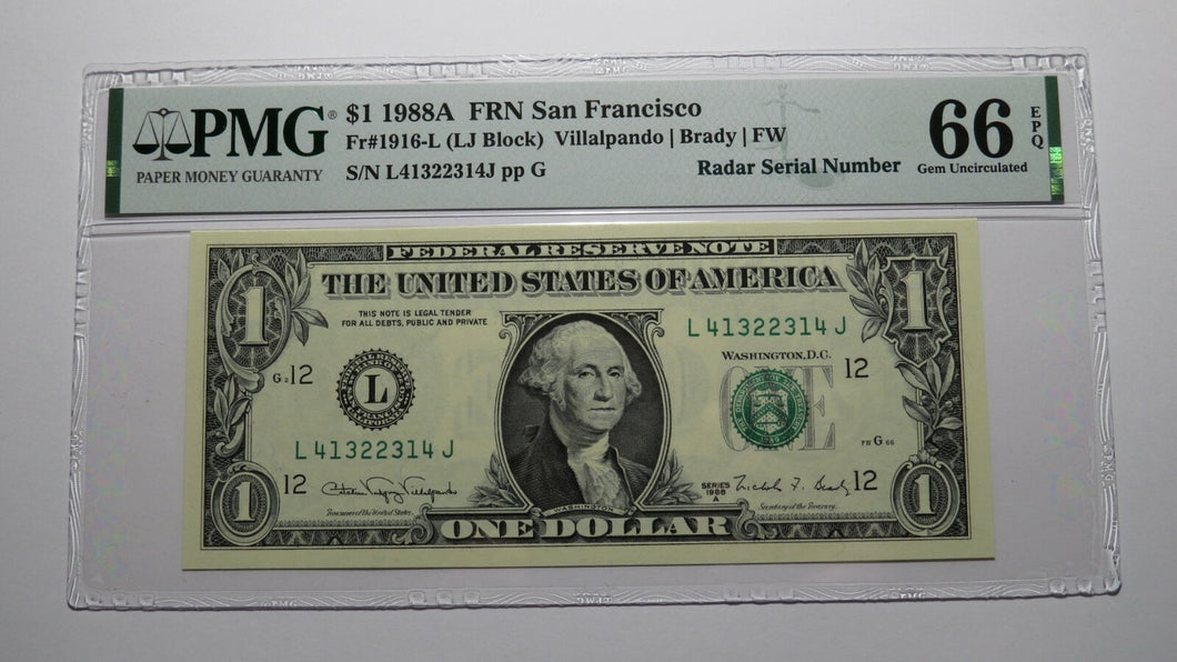 $1 1988 Radar Serial Number Federal Reserve Currency Bank Note Bill PMG UNC66EPQ