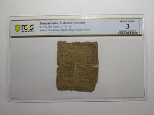 1772 Three Pence Pennsylvania PA Colonial Currency Bank Note Bill RARE PCGS AG3