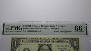 $1 2001 Radar Serial Number Federal Reserve Currency Bank Note Bill PMG UNC66EPQ