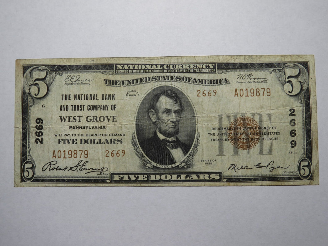 $5 1929 West Grove Pennsylvania PA National Currency Bank Note Bill Ch. #2669 VF