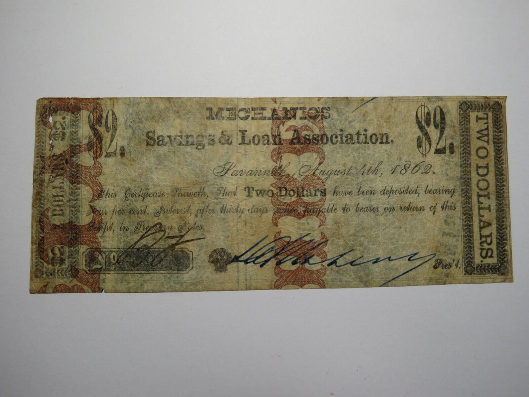 $2 1862 Savannah Georgia GA Obsolete Currency Bank Note Bill! Savings and Loan