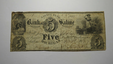 $5 1837 Saline Michigan MI Obsolete Currency Bank Note Bill! Safety Fund Saline 