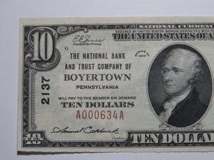 $10 1929 Boyertown Pennsylvania PA National Currency Bank Note Bill Ch #2137 AU+