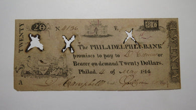 $20 1814 Philadelphia Pennsylvania Obsolete Currency Bank Note Bill Philly Bank