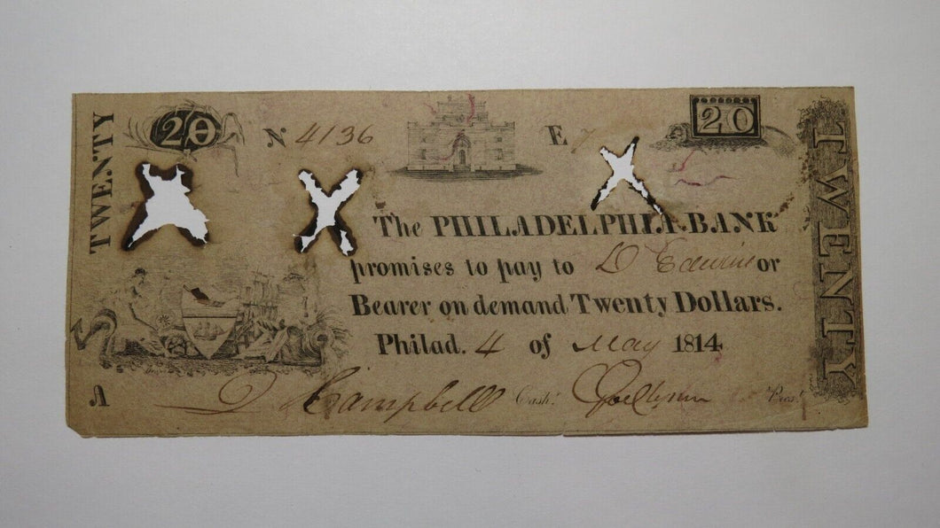 $20 1814 Philadelphia Pennsylvania Obsolete Currency Bank Note Bill Philly Bank