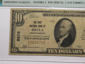 $10 1929 Hecla South Dakota SD National Currency Bank Note Bill Ch. #9679 PMG 15