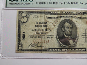 $5 1929 Calistoga California National Currency Bank Note Bill Ch. #9551 F15 PMG