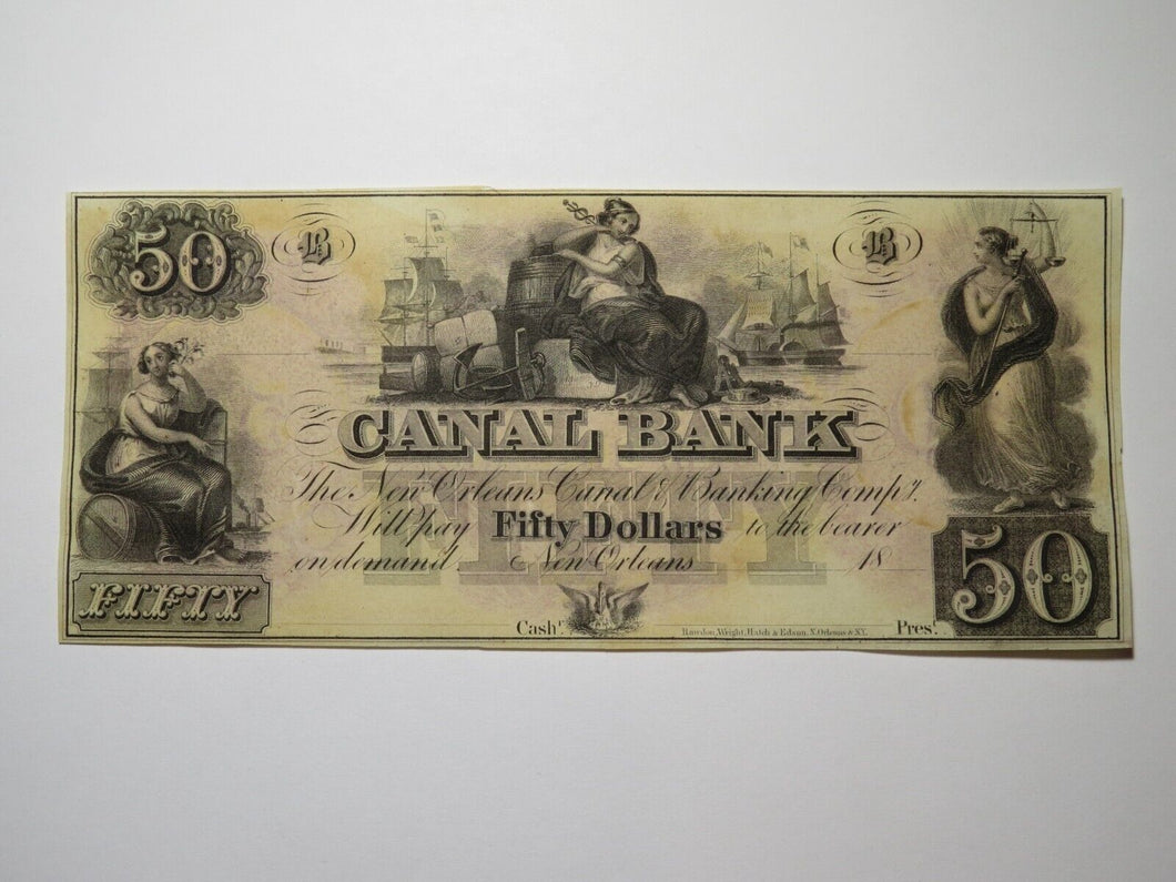 $50 18__ New Orleans Louisiana Obsolete Currency Bank Note Remainder Canal UNC++