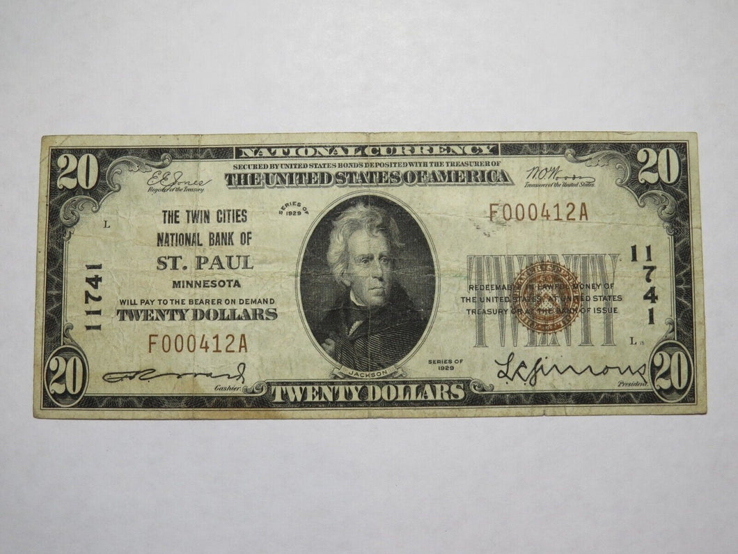 $20 1929 St. Paul Minnesota MN National Currency Bank Note Bill #11741 VF Saint
