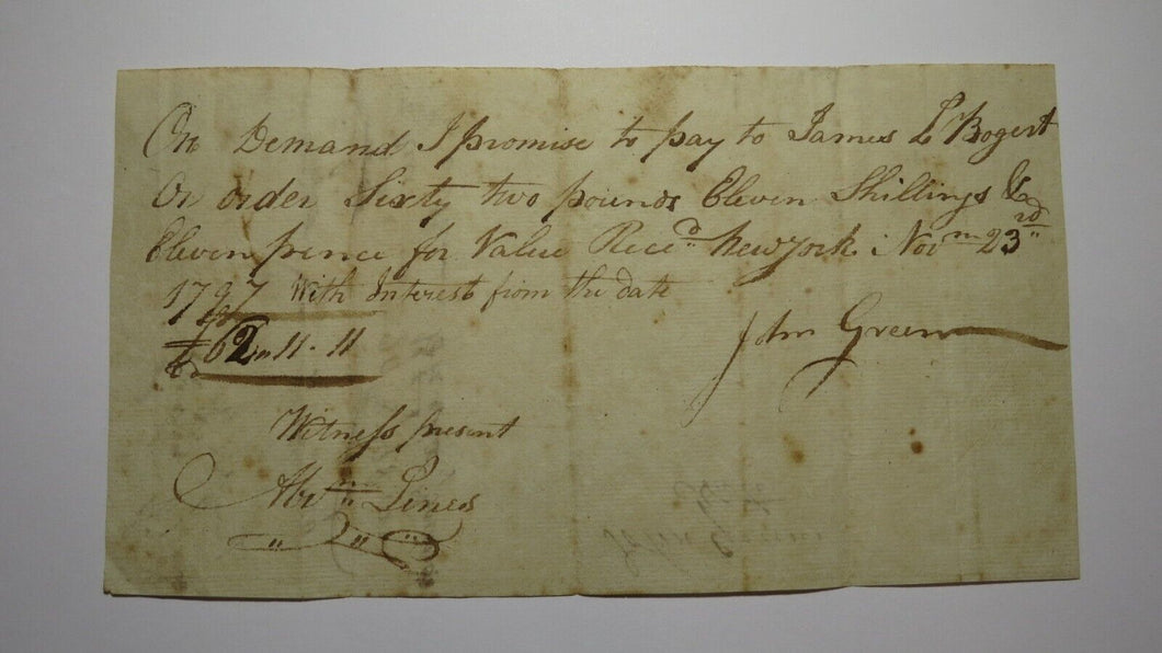 1797 Promissory Note Payable in New York Colonial Currency Note James Bogart
