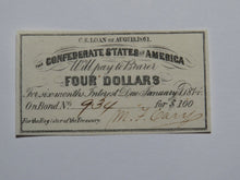 Load image into Gallery viewer, $4 1861 Confederate Bond Coupon Certificate Currency Bank Note Bill UNC