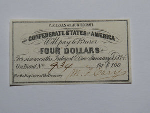 $4 1861 Confederate Bond Coupon Certificate Currency Bank Note Bill UNC