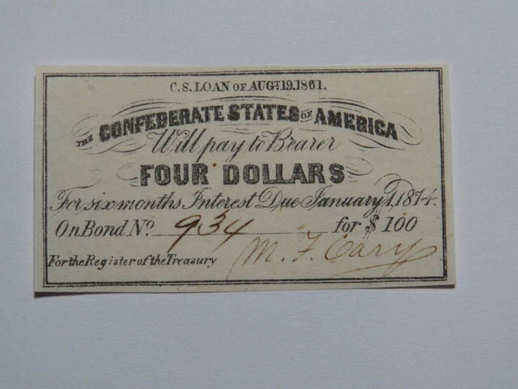 $4 1861 Confederate Bond Coupon Certificate Currency Bank Note Bill UNC