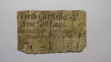 1754 Five Shillings North Carolina NC Colonial Currency Note Bill! 5s! RARE!