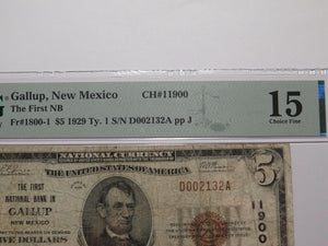 $5 1929 Gallup New Mexico NM National Currency Bank Note Bill Ch #11900 F15