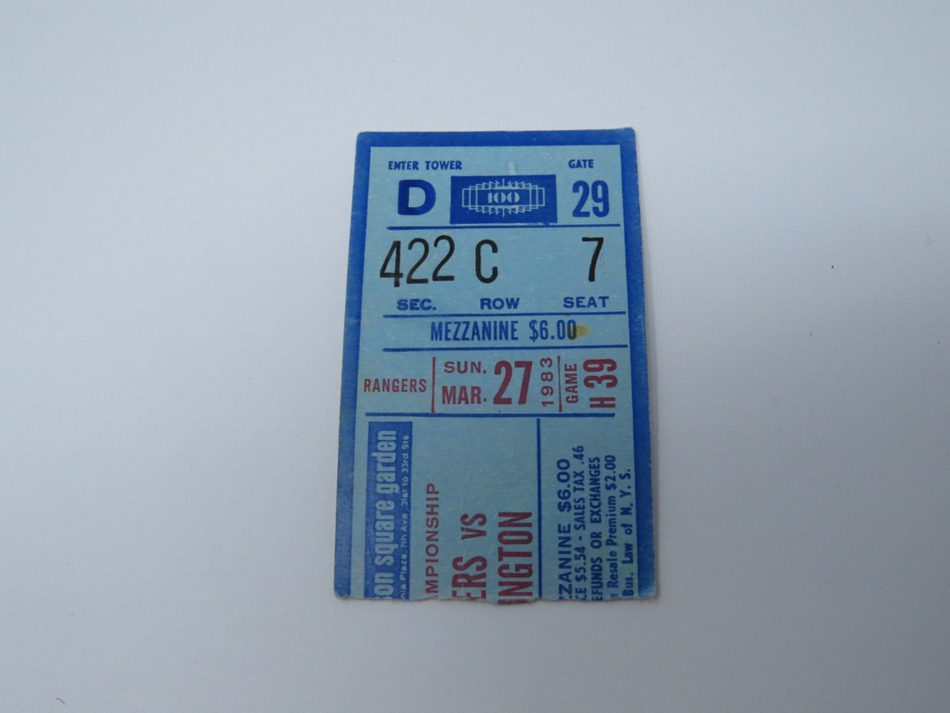 March 27, 1983 New York Rangers Vs. Washington Capitals NHL Hockey Ticket Stub