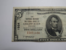 Load image into Gallery viewer, $5 1929 Coldwater Michigan MI National Currency Bank Note Bill Ch. #1924 VF+