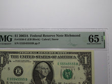 Load image into Gallery viewer, $1 2003 Near Solid Serial Number Federal Reserve Bank Note Bill UNC65 #55545555