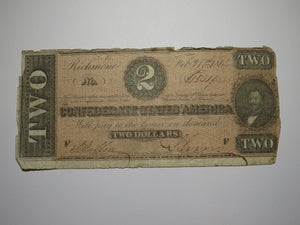$2 1864 Richmond Virginia VA Confederate Currency Bank Note Bill RARE T70 VG
