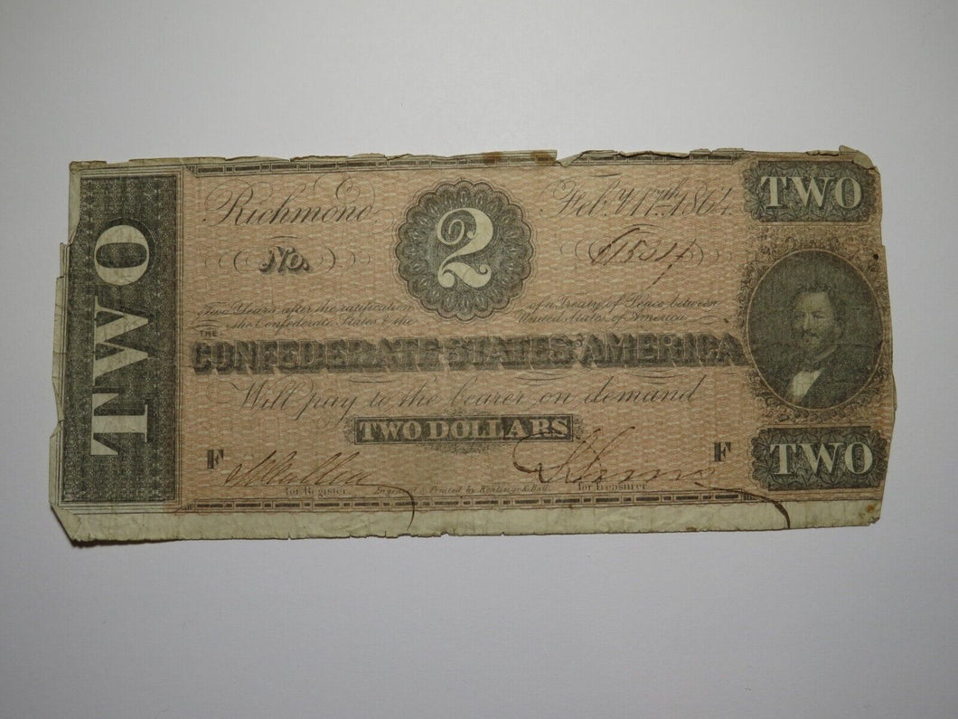$2 1864 Richmond Virginia VA Confederate Currency Bank Note Bill RARE T70 VG