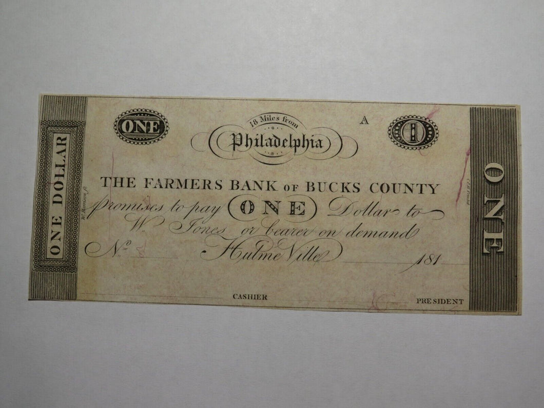 $1 18__ Hulmeville Pennsylvania Obsolete Currency Bank Note Bill Remainder UNC++