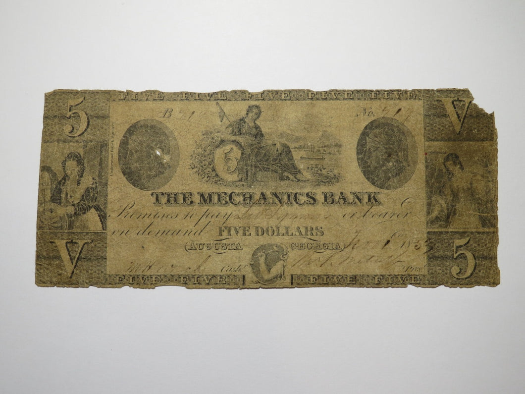 $5 1857 Augusta Georgia GA Obsolete Currency Bank Note Bill! The Mechanics Bank