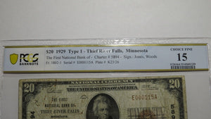 $20 1929 Thief River Falls Minnesota National Currency Bank Note Bill #5894 PCGS
